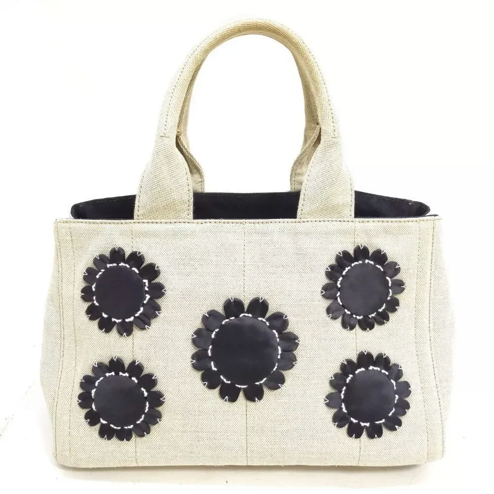 Auth Prada Canvas Linen Floral Canapa Tote Bag